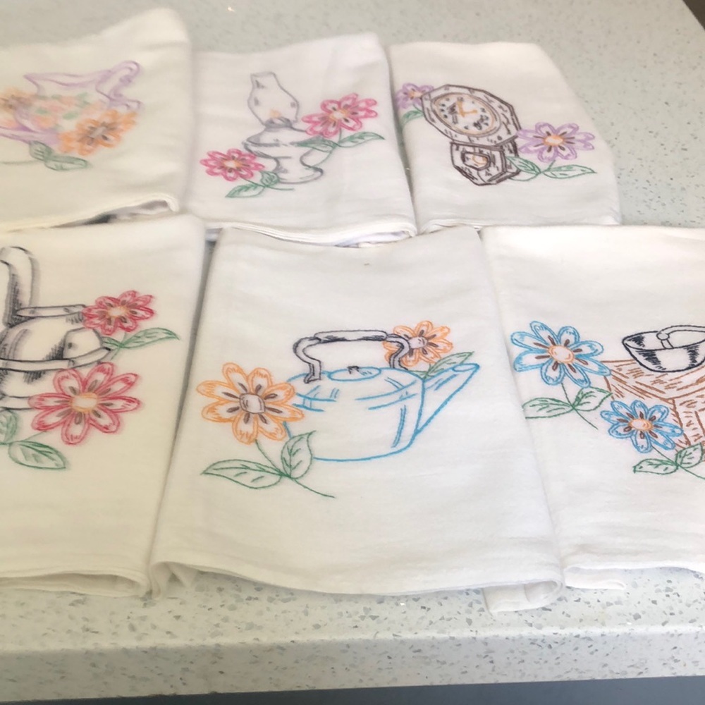 6 Vintage hand embroidered linen tea towels